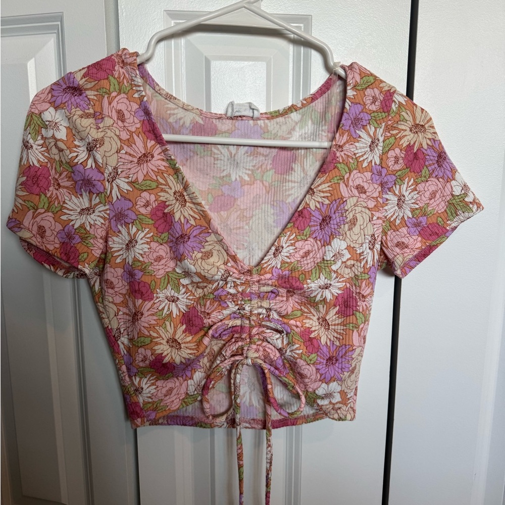 Le Lis Pink and Purple Ruched Crop Blouse